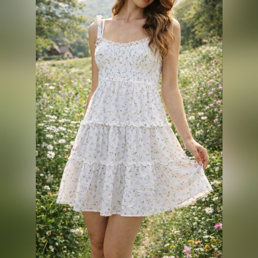 Altar’d State White Floral Tiered Babydoll Cami Dress L Lace Trim Cottagecore Fa